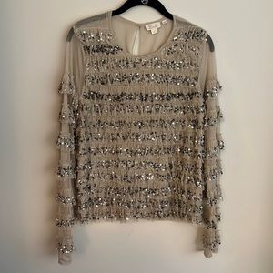 NWOT, Let Me Be Tulle Sequined Blouse with Ruffles, SZ XL (runs small)